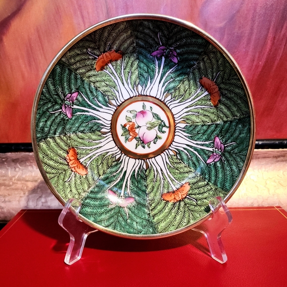 Neiman Marcus Horchow Chinese Export Famille Rose Verte Bok Choy Brass Plate VTG - Picture 13 of 15